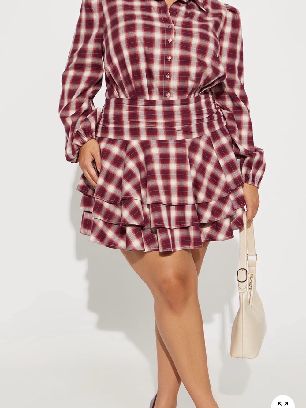 Fashion Nova Burgundy and Cream Plaid Ruffle Tiered Mini Skirt